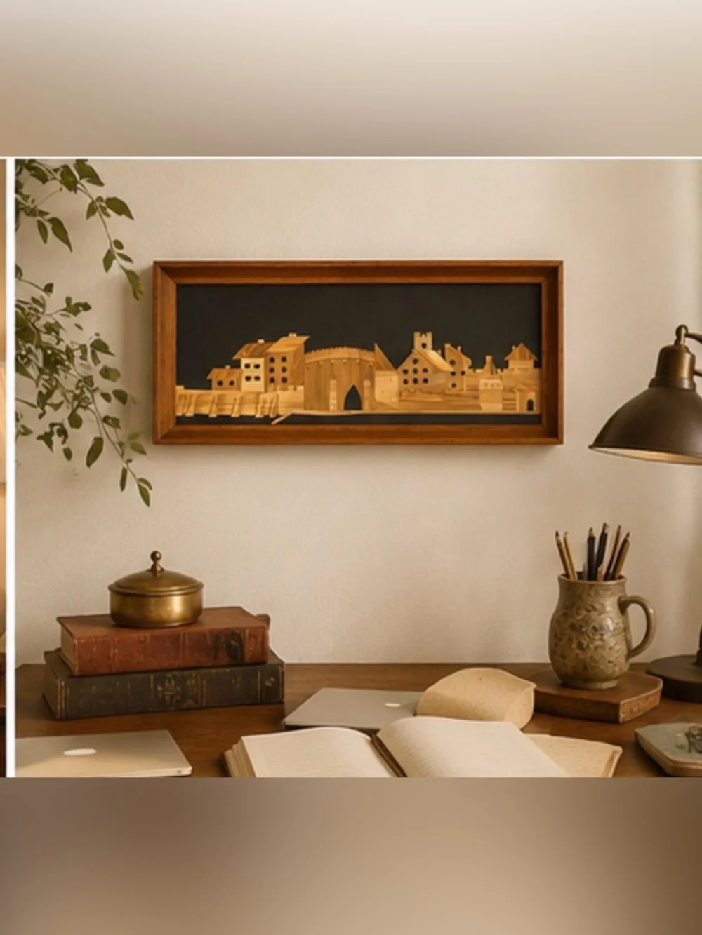 Vintage Polish Wood Marquetry Wall Art 1973 | Handcrafted Intarsia Cityscape |